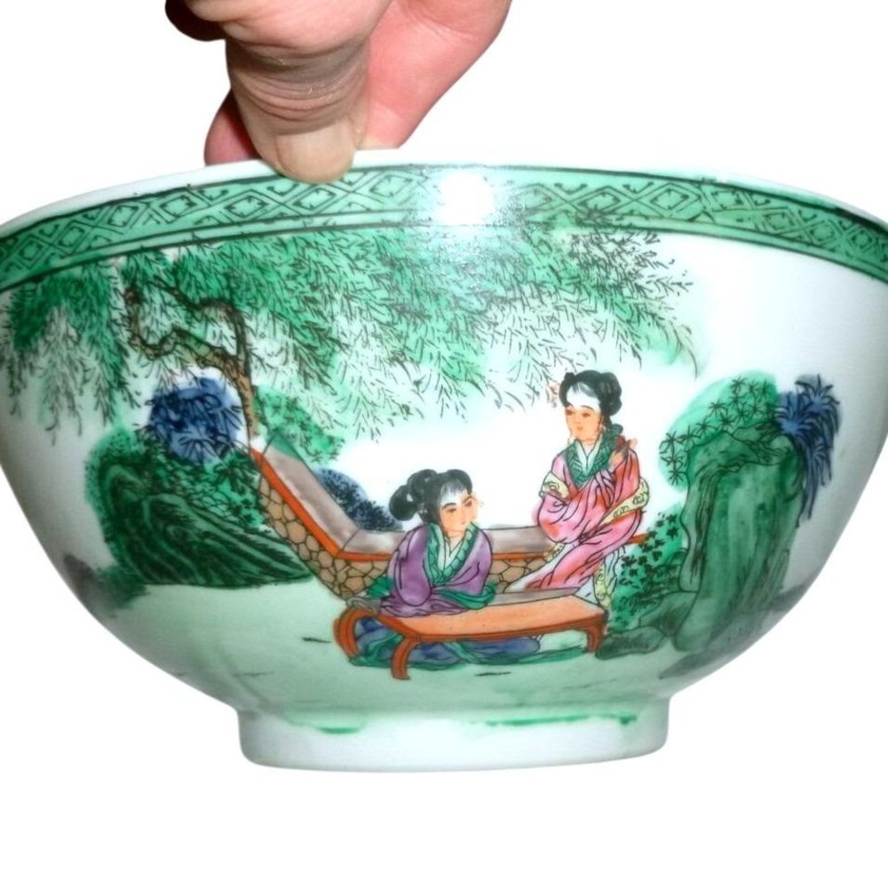 Vintage Chinese Famille Verte Porcelain Bowl Qianlong Mark Garden Scene Figures